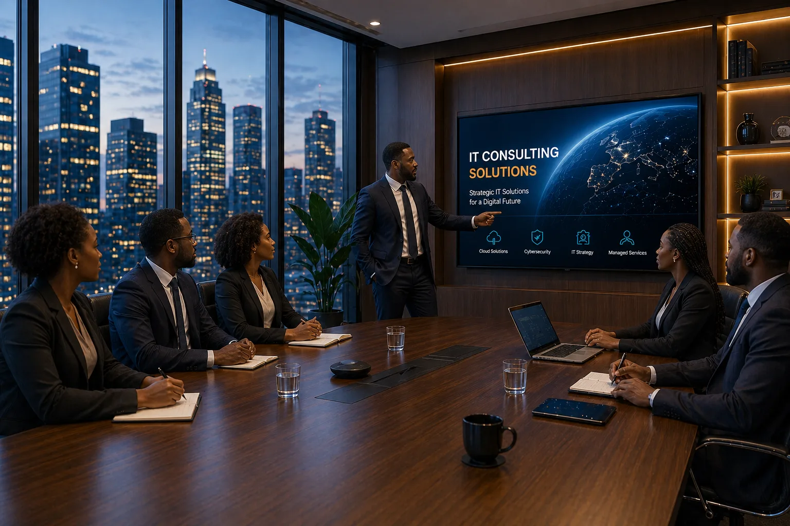 Professionnels africains en réunion stratégique dans un bureau moderne — Global Reach Solutions